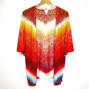 Chico's Sheer Open Cardigan Red Orange Blue Ombre Pattern Boho Flowy Top Size 1